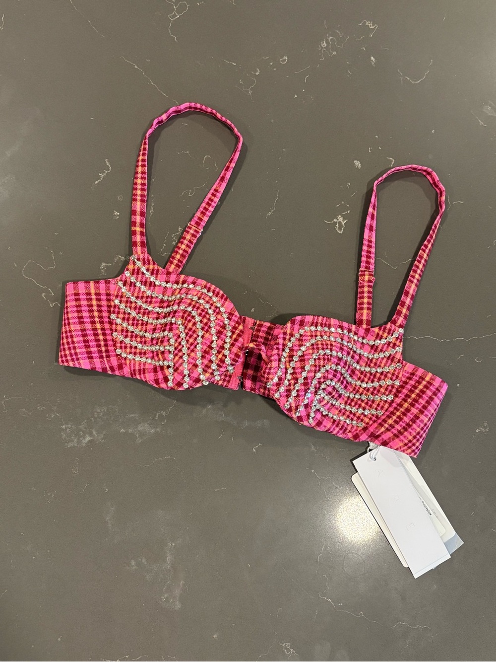 NWT AREA Pink Plaid Rhinestone Underwire Bra